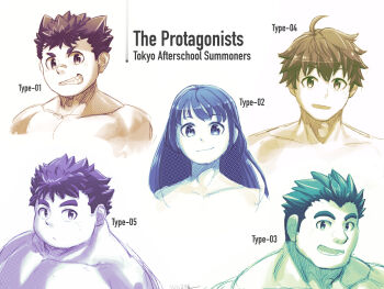 1girl 4boys cropped_torso grin hair_ears highres large_pectorals long_hair long_sideburns looking_at_viewer protagonist_1_(housamo) protagonist_2_(housamo) protagonist_3_(housamo) protagonist_4_(housamo) protagonist_5_(housamo) multiple_boys multiple_monochrome muscular muscular_male pectorals pump raised_eyebrows saro_(rotsw_00022) short_hair sideburns smile tokyo_houkago_summoners