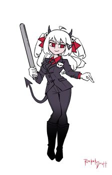 Rule 34 | 1girl, absurdres, ahoge, artist name, black bow, black bowtie, black horns, black jacket, black pants, black shoes, bow, bowtie, closed mouth, commentary, demon horns, english commentary, evil neuro-sama, formal clothes, full body, hair ornament, hair ribbon, helltaker, highres, holding, horns, jacket, lead pipe, long hair, long sleeves, neuro-sama, okrocketboy1, pants, red eyes, red ribbon, red shirt, ribbon, shirt, shoes, simple background, skull hair ornament, smile, solo, standing, suit, two side up, vedal ai, virtual youtuber, white background, white hair, white shirt
