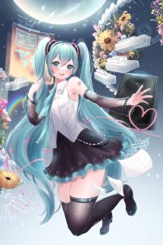 1girl absurdres aqua_eyes aqua_hair aqua_nails aqua_ribbon arm_tattoo armpit_crease black_skirt black_thighhighs blush commentary_request detached_sleeves fingernails flower foot_out_of_frame gradient_hair hair_between_eyes hair_ornament hatsune_miku hatsune_miku_(nt) high_heels highres koualoe long_hair long_sleeves looking_at_viewer miniskirt multicolored_hair musical_note nail_polish night number_tattoo official_alternate_costume open_mouth piapro_studio pleated_skirt pumps ribbon see-through_clothes see-through_sleeves shirt skirt sky sleeveless sleeveless_shirt smile solo speaker tattoo thighhighs twintails very_long_hair vocaloid white_hair white_shirt yellow_flower