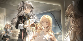 Rule 34 | 3girls, artist collaboration, artist request, black jacket, black skirt, blonde hair, blue eyes, brown hair, brushing hair, dalanxia, game cg, girls' frontline, girls' frontline 2: exilium, head-mounted display, highres, jacket, lenna (girls' frontline 2), leva (girls' frontline 2), multiple girls, necktie, official art, pleated skirt, scar, scar across eye, scar on face, side ponytail, skirt, twintails, ump45 (girls' frontline), ump9 (girls' frontline), yellow eyes, yellow necktie