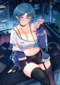 1girl absurdres blue_eyes blue_hair blush breasts cassette_tape cellphone cityscape cleavage commentary_request commission cross cross_necklace demon_tail demon_wings hair_ornament highres jewelry large_breasts looking_at_viewer medium_hair navel necklace on_rooftop original pantyhose phone pointy_ears rooftop sitting smartphone solo sweatdrop tail thighhighs thighs user_sxxx4474 wings