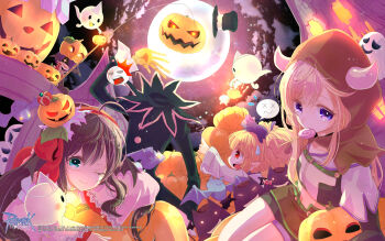 +_+ 1boy 1other 3girls animal animal_on_head arch_bishop_(ragnarok_online) bat_(animal) black_cat black_hair black_shorts black_sky black_wings blonde_hair blue_eyes blush bow brown_hood brown_skirt candy cat cat_on_head closed_mouth cloud copyright_notice deviruchi disembodied_head dress food full_moon ghost guest_art hair_bow head_wings headless highres hood hood_up horned_hood horns hunter_(ragnarok_online) jack-o&#039;-lantern jakk_(ragnarok_online) kirika_(nutsmoon) logo loli_ruri lollipop long_hair long_sleeves looking_at_viewer lude_(ragnarok_online) midriff miniskirt moon multiple_girls navel official_art official_wallpaper on_head one_eye_closed open_mouth pointy_ears priest_(ragnarok_online) pumpkin pumpkin_on_head purple_hair ragnarok_online red_bow red_eyes shirt short_hair short_sleeves shorts shorts_under_skirt skirt sky smile swirl_lollipop triangular_headpiece upper_body whisper_(ragnarok_online) white_dress white_shirt wings wrapped_candy
