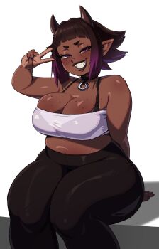 1girl absurdres black_bra black_hair black_leggings bra breasts cleavage dark-skinned_female dark_skin freckles freckles_on_breasts gradient_hair highres horns kharuart large_breasts leggings lips multicolored_hair navel original pink_eyes plump pointy_ears purple_hair purple_nails short_hair sitting smile solo strapless thick_thighs thighs tube_top underwear v white_background white_tube_top wide_hips