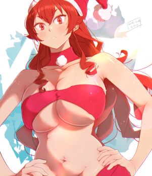 1girl absurdres breasts christmas cleavage closed_mouth commentary_request elf eris_greyrat hat highres kiyo_(a_sam_ko) large_breasts long_hair looking_at_viewer mushoku_tensei pointy_ears red_eyes red_hair santa_hat solo very_long_hair white_background