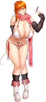 1girl alternate_costume bikini breasts candy chocolate chocolate_heart food full_body grin heart highres huge_breasts kamimura_maika kamimura_maika_(future) lilith-soft long_hair looking_at_viewer naughty_face navel official_alternate_costume orange_hair ponytail scar shiny_skin sian side-tie_bikini_bottom smile solo swimsuit taimanin_(series) taimanin_rpgx thong thong_bikini transparent_background valentine wide_hips