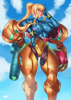1girl blonde_hair blue_bodysuit blue_eyes blue_sky bodysuit breasts cloud commentary english_commentary flatillustrator_khan helmet highres holding holding_unworn_helmet large_breasts long_hair looking_at_viewer metroid nintendo ponytail power_suit_(metroid) samus_aran sky solo undressing unworn_headwear unworn_helmet varia_suit zero_suit