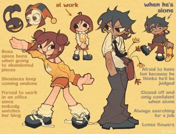 1boy 1girl :d animal_ears arm_tattoo bag baggy_pants black_eyes black_necktie blue_eyes blue_hair blue_shoes closed_mouth colored_sclera colored_skin colored_teeth dark-skinned_male dark_skin double_bun ear_piercing english_text eyeshadow flower flower_in_bag frown full_body gradient_hair grey_eyeshadow grey_hoodie grin hair_bun half-closed_eyes hands_in_pockets hat hat_bell head_only highres hood hoodie humanization jax_(the_amazing_digital_circus) jester_cap large_hands looking_at_another loose_socks makeup mole mole_under_eye multicolored_eyes multicolored_hair necktie open_mouth orange_shorts pants piercing pomni_(the_amazing_digital_circus) purple_nails purple_skin rabbit_ears red_bag red_eyes reference_sheet shirt shoes short_hair shorts sidelocks simple_background single_bare_shoulder skateboard smile socks taffimaya tattoo teeth the_amazing_digital_circus two-tone_eyes two-tone_hat white_shirt yellow_background yellow_sclera yellow_shirt yellow_socks yellow_teeth