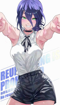 1girl armpits black_choker breasts chainsaw_man choker collared_shirt commentary green_eyes grenade_pin highres purple_hair reze_(chainsaw_man) shirt smile solo sweat uenoryoma white_shirt