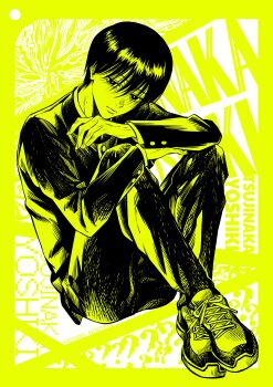 Rule 34 | 1boy, ?, ??, absurdres, character name, closed mouth, commentary request, full body, gakuran, green theme, highres, hikaru ga shinda natsu, knees up, looking at viewer, male focus, mole, mole on cheek, mole under eye, mole under mouth, multiple moles, osirisaldington, school uniform, shoes, short hair, sitting, slit pupils, solo, tsujinaka yoshiki, twitter username