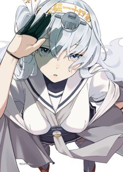 Rule 34 | 1girl, anchor symbol, black gloves, black skirt, breasts, commentary request, from above, fuyutsuki (kancolle), gloves, grey hair, grey neckerchief, hair between eyes, headband, headgear, highres, ichiroku (sakumogu-029), kantai collection, long hair, looking at viewer, medium breasts, neckerchief, one side up, parted lips, partially fingerless gloves, purple eyes, sailor collar, school uniform, serafuku, shading eyes, simple background, skirt, solo, white background, white sailor collar