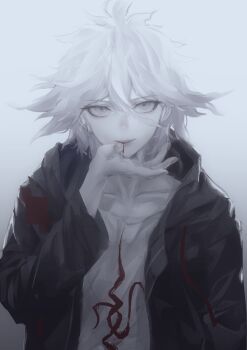 Rule 34 | 1boy, absurdres, blood, blood from mouth, danganronpa (series), danganronpa 2: goodbye despair, gradient background, green jacket, grey hair, hair between eyes, hand up, highres, jacket, komaeda nagito, long sleeves, male focus, messy hair, open clothes, open jacket, print shirt, sachicoart, shirt, simple background, smile, solo, white background, white shirt