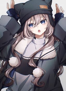1girl animal_ear_headwear beanie black_hat blue_eyes brown_hair drawstring fake_animal_ears fur-trimmed_jacket fur_trim grey_jacket hashtag-only_commentary hat highres jacket long_hair open_mouth original pom_pom_(clothes) pom_pom_drawstring simple_background solo sweater upper_body yanagida_shiina