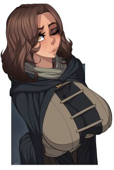1girl absurdres breasts brown_eyes brown_hair clothes elden_ring female_focus fromsoftware highres huge_breasts large_breasts long_hair looking_at_viewer melina_(elden_ring) one_eye_closed one_eye_covered r3dstar smile
