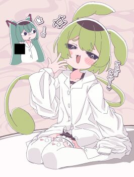 1boy 1girl alternate_costume black_sclera bright_pupils collared_shirt colored_sclera dress_shirt green_hair green_tail hair_between_eyes hatsune_miku highres kneeling looking_at_viewer mimukauwa_nice_try_(vocaloid) n_u open_mouth oversized_clothes oversized_shirt shirt sleeves_past_fingers sleeves_past_wrists solo_focus thigh_strap thighhighs trap very_long_sleeves vocaloid voiceroid voicevox white_pupils white_shirt white_thighhighs zundamon