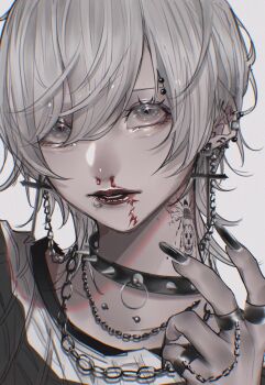 1girl aegyo_sal barbell_piercing black_choker black_nails blood blood_on_face chain chain_earrings chain_necklace choker collarbone cross cross_earrings earclip earrings eyelashes face_piercing forehead_piercing grey_background grey_eyes grey_hair hair_between_eyes highres jewelry latin_cross lip_piercing lip_ring lipstick makeup mano_aaa multiple_rings nail_polish neck_piercing neck_tattoo necklace nosebleed original parted_lips piercing portrait red_lips ring short_hair simple_background solo spiked_choker spikes stud_earrings stud_piercings sweater tattoo very_long_fingernails wasp_tattoo wolf_cut