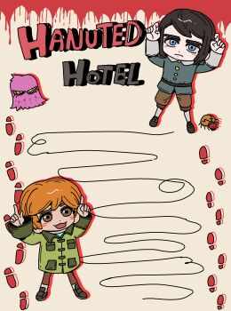 1boy 1girl abaddon_(haunted_hotel) absurdres black_hair blue_coat blue_eyes bug chibi chinese_commentary coat commentary_request creature esther_freeling footprints green_coat haunted_hotel highres horns_pose noecho orange_hair short_hair spider typo