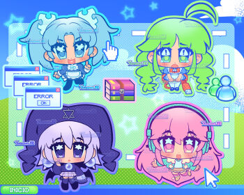 Rule 34 | 4girls, ahoge, blue hair, book, book stack, chibi, chibi only, commentary, cursor, english commentary, error message, frutiger aero, green hair, highres, mayura, me-tan, multiple girls, nitroplus, os-tan, pink hair, purple hair, puzzle piece hair ornament, sticker (medium), super sonico, taskbar, ukagaka, wikipe-tan, wikipedia, window (computing), winrar, yanana ua