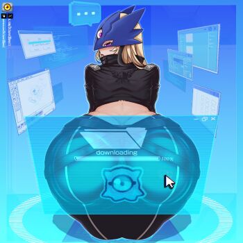 1girl ass ass_focus beelstarmon belt black_coat black_pants blonde_hair cameltoe coat dclaret deviantart_logo deviantart_username digimon digimon_(creature) eye_mask full_body highres holographic_interface keramon leather long_hair looking_at_viewer mask microsoft_windows newgrounds_username pants solo third_eye tumblr_logo twitter_username twitter_x_logo windows_classic