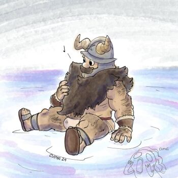 1boy bara beard body_fur brown_hair bulge dungeon_meshi dwarf facial_hair fake_horns feeling_facial_hair full_body guavajagular hairy helmet horned_helmet horns long_beard male_focus mustache navel_hair senshi_(dungeon_meshi) sitting solo thick_arm_hair thick_leg_hair thick_mustache very_long_beard walking walking_on_liquid what wide-eyed