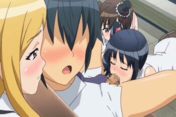 1boy 3girls :o all_fours animated animated_gif audience bare_shoulders black_hair blonde_hair blue_hair blush bottomless breasts breasts_out censored closed_eyes couch exhibitionism faceless faceless_male fellatio fishnets frills hat hat_ribbon hetero indoors kamii_maki katekano_idol_sister large_breasts long_hair looking_at_another looking_back mini_hat mini_top_hat moaning mosaic_censoring multiple_girls necktie no_bra no_eyes nose_blush ooizumi_maina open_clothes open_mouth open_shirt oral parted_bangs penis pink_eyes profile public_indecency purple_eyes ribbon shirt short_hair side_ponytail sidelocks sitting sleeveless sleeveless_shirt striped sweat takano_ayaka tan tile_floor tiles top_hat twintails watching white_shirt wing_collar