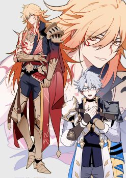 2boys abs alternate_hair_length alternate_hairstyle antenna_hair arm_tattoo armlet armor armored_boots black_choker black_coat black_gloves black_shirt blonde_hair blue_cape blue_eyes blush boots braid cape chest_tattoo choker clawed_gauntlets coat commentary earrings facial_tattoo fingerless_gloves gloves gold_earrings gold_necklace gradient_hair highres honkai:_star_rail honkai_(series) jewelry long_hair male_focus multicolored_hair multiple_boys mydei_(honkai:_star_rail) neck_tattoo necklace open_clothes open_coat parted_bangs pauldrons phainon_(honkai:_star_rail) red_cape red_hair red_tattoo shirt short_hair shoulder_armor side_braid side_cape single_glove single_pauldron sun_symbol sun_tattoo symbol-only_commentary tan tattoo toned toned_male white_coat white_hair yaoi yellow_eyes yuelinpanp98413