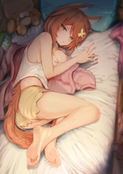 1girl absurdres animal_ears barefoot blush brown_hair feet green_eyes highres looking_at_viewer lying medium_hair mok4suke on_bed on_side shorts smile soles tail toes