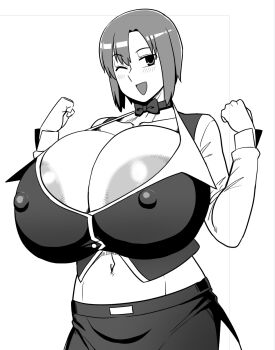 1girl amazon_(taitaitaira) blush breasts choker cleavage covered_erect_nipples cuffs gigantic_breasts highres huge_breasts large_areolae looking_to_the_side monochrome neck_ribbon one_eye_closed open_mouth ribbon rio_rollins short_hair simple_background skirt smile solo standing super_blackjack tagme white_background
