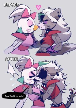 2girls animal_ears animatronic arm_warmers beak bow commentary english_commentary eyeshadow fangs five_nights_at_freddy's five_nights_at_freddy's:_security_breach furry furry_female glamrock_chica grey_hair hand_on_own_hip heart highres kim_(my_thon) makeup multiple_girls pink_bow pink_eyeshadow purple_eyeshadow roxanne_wolf wolf_ears yuri