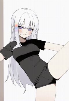 Rule 34 | 1girl, animated, animated gif, ayatsuno yuni, black shirt, black shorts, blush, breasts, closed mouth, commentary request, covered navel, highres, i-shaped balance (meme), just 0012, korean commentary, long hair, looking at viewer, medium breasts, meme, one eye closed, purple eyes, shirt, short sleeves, shorts, solo, split, standing, standing on one leg, standing split, stellive, virtual youtuber, white background, white hair