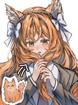 1girl animal_ears black_jacket blush bow brown_hairband cat_ears collared_shirt commentary green_eyes hair_bow hairband hands_up highres ishmael_(project_moon) jacket lapels limbus_company long_hair looking_at_viewer necktie notched_lapels open_mouth orange_hair project_moon ranyo0680 red_necktie rope shirt sidelocks simple_background solo symbol-only_commentary very_long_hair white_background white_bow white_shirt