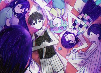 2girls 4boys aubrey_(headspace)_(omori) aubrey_(omori) bailan1130 basil_(headspace)_(omori) basil_(omori) black_eyes black_hair black_shorts black_tank_top blue_overalls blue_pajamas blue_shirt blush bow brother_and_sister brothers checkered_blanket checkered_clothes chinese_commentary closed_eyes closed_mouth colored_skin commentary_request double-parted_bangs flower flower_wreath green_hair green_shirt hair_between_eyes hair_bow hand_on_own_stomach head_wreath hero_(headspace)_(omori) hero_(omori) highres holding holding_knife holding_stuffed_toy jump_rope kel_(headspace)_(omori) kel_(omori) knife long_hair long_shirt long_sleeves looking_at_another lying mari_(headspace)_(omori) mari_(omori) mr._plantegg_(omori) multicolored_pajamas multicolored_shorts multiple_boys multiple_girls omori omori_(omori) on_back on_side open_mouth overall_shorts overalls pajamas pink_bow purple_hair purple_shorts shirt short_hair short_sleeves shorts siblings sidelocks sleeping smile striped_clothes striped_pajamas striped_shorts stuffed_animal stuffed_eggplant stuffed_toy t-shirt tank_top teeth two-tone_pajamas two-tone_shorts upper_teeth_only vertical-striped_clothes vertical-striped_pajamas vertical-striped_shorts white_pajamas white_shorts white_skin
