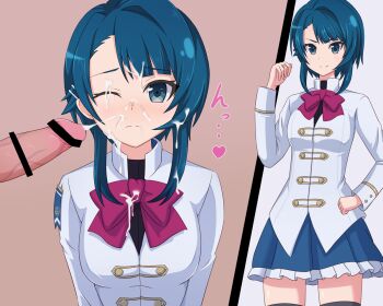 >:) 1boy 1girl aizawa_kazuha arms_at_sides assault_lily asymmetrical_hair bar_censor black_shirt black_thighhighs blue_eyes blue_hair blue_skirt blunt_bangs bow bowtie breasts brown_background buttons censored closed_mouth clothed_sex commentary_request cowboy_shot cum cum_in_mouth cum_on_body cum_on_clothes cum_on_hair cum_on_tongue cum_string ejaculation erection facial frilled_skirt frills grey_background hair_behind_ear hair_ornament hairclip hand_on_own_hip hand_up haniwa_(kiminozorazio) heart herensuge_girls_academy_school_uniform hetero jacket jewelry long_sleeves looking_at_viewer medium_breasts medium_hair miniskirt multiple_views one_eye_closed penis pink_bow pink_bowtie raised_eyebrows ring school_uniform shirt sidelocks skirt smile solo_focus spoken_heart thighhighs two-tone_background upper_body v-shaped_eyebrows white_jacket zettai_ryouiki