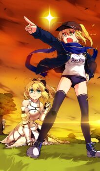 3girls ahoge arm_support armor armored_dress artoria_pendragon_(fate) bare_shoulders baseball_cap behind_tree black_bow black_buruma black_hat black_thighhighs blonde_hair blue_footwear blue_jacket blue_scarf bow breastplate breasts buruma clenched_hand cloud cloudy_sky commentary detached_sleeves dress fate/grand_order fate_(series) flaming_eyes full_body gauntlets gloves green_eyes hair_between_eyes hair_bow hand_on_own_hip hat ishida_akira jacket lens_flare long_sleeves mash_kyrielight multiple_girls mysterious_heroine_x_(fate) mysterious_heroine_x_(second_ascension)_(fate) name_tag official_art outdoors pink_hair pointing ponytail saber_lily scarf shirt shoes sidelocks sitting sky sleeveless sleeveless_dress small_breasts sneakers standing star_(sky) sunset tearing_up thighhighs third-party_source tree white_armor white_dress white_gloves white_shirt