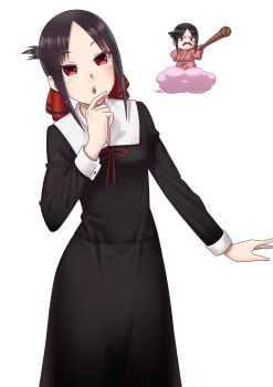 1girl :o antonio_malara black_dress black_hair breasts chibi cloud commentary dress fake_facial_hair fake_mustache folded_ponytail hair_ribbon highres holding holding_staff kaguya-sama_wa_kokurasetai_~tensai-tachi_no_renai_zunousen~ open_mouth parted_bangs pink_robe red_eyes red_ribbon ribbon robe school_uniform shinomiya_kaguya shuuchiin_academy_school_uniform sidelocks small_breasts staff