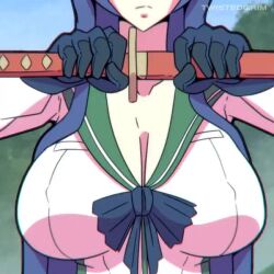 1girl animated aqua_bow aqua_bowtie artist_collaboration artist_name blue_sky blunt_ends bouncing_breasts bow bowtie breasts busujima_saeko cleavage closed_mouth collarbone day drawing_sword elbow_pads fighting_stance fujimi_high_school_uniform gloves green_sailor_collar highschool_of_the_dead holding holding_sword holding_weapon large_breasts long_hair long_sleeves looking_at_viewer mizu_wolf outdoors paid_reward_available panties parted_lips sailor_collar sailor_shirt school_uniform serafuku sheath shirt side-tie_panties skirt sky solo sword tagme thighs twistedgrim underwear unsheathing video weapon white_shirt zooming_out