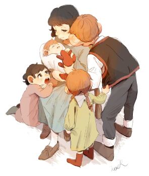 1boy 4girls baby black_hair blush braid brown_eyes brown_hair carrying carrying_baby carrying_person chilchuck&#039;s_wife chilchuck_tims child collared_shirt commentary dress dungeon_meshi family father_and_daughter freckles fullertom_(dungeon_meshi) halfling highres holding huck_8989 husband_and_wife kneeling large_ears long_hair long_sleeves mayjack_(dungeon_meshi) mother_and_daughter multiple_girls packpatty_(dungeon_meshi) pants parent_and_child shirt short_hair signature simple_background sitting smile standing twin_braids white_background white_shirt