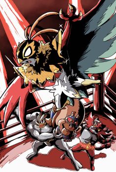 3others bird blank_eyes claws colored_sclera extra_arms fangs feathers furry gen_1_pokemon gen_6_pokemon gen_7_pokemon gen_8_pokemon greedent hawlucha highres holding incineroar luchador luchador_mask machamp mask mega_hawlucha mega_pokemon multiple_others muscular nintendo onigiri_debu open_mouth plume pokemon pokemon_(creature) pokemon_focus sharp_teeth smile squirrel tail teeth wing_cape wings wrestler wrestling_outfit wrestling_ring yellow_sclera
