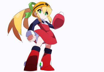 Rule 34 | 1girl, arm cannon, blonde hair, commentary request, dress, full body, green eyes, helmet, high ponytail, kaidou zx, long hair, mega man (classic), mega man (series), ponytail, red dress, roll (mega man), simple background, solo, weapon, white background, yellow helmet