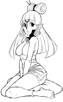 bare_shoulders barefoot hands_on_lap highres nintendo paya_(zelda) pillow pointy_ears sheikah sitting sketch skin_tight tattoo teevo the_legend_of_zelda the_legend_of_zelda:_breath_of_the_wild
