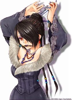 1girl 2001 arms_behind_head arms_up artist_name bad_id beads black_dress black_hair braid braided_bun breasts cleavage commentary_request dated dress drop_shadow earrings eyeshadow final_fantasy final_fantasy_x fingernails fur_collar hair_beads hair_bun hair_ornament hair_over_one_eye hair_stick holding jewelry lipstick long_hair long_sleeves lowres lulu_(ff10) makeup medium_breasts mole mole_under_mouth mouth_hold multiple_necklaces nail_polish necklace pearl_necklace purple_eyeshadow purple_lips purple_nails red_eyes saikachi_(ogre_tree) simple_background single_hair_bun solo white_background wide_sleeves