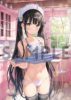 1girl :&gt; apron apron_lift bare_shoulders black_hair black_thighhighs blue_apron blue_ribbon closed_mouth clothes_lift collarbone commentary_request daisy_(flower) dot_nose flower frilled_hairband frills gluteal_fold hair_flower hair_ornament hair_ribbon hairband highres indoors kantoku lace lace-trimmed_panties lace_trim long_hair looking_at_viewer nagisa_(kantoku) naked_apron navel no_bra original panties plaid_apron plaid_clothes ribbon sample_watermark side-tie_panties sidelocks thighhighs twintails underwear very_long_hair watermark white_nails white_panties window yellow_eyes