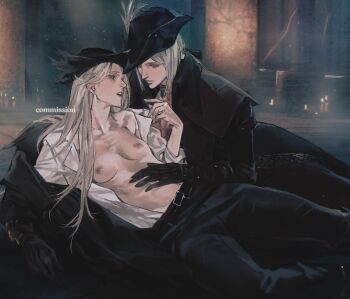 2girls ascot belt black_belt black_coat black_gloves black_hat black_pants blonde_hair blood blood_on_clothes blood_stain bloodborne blurry blurry_background breasts candle cbb_(tuucoo) closed_mouth coat coat_partially_removed collared_coat commentary_request commission gloves grey_hair hand_on_another's_stomach hat hat_feather highres hunter_(bloodborne) indoors jewelry lady_maria_of_the_astral_clocktower long_hair long_sleeves looking_at_another lying medium_breasts multiple_girls nipples on_side open_clothes open_mouth open_shirt pants pendant shirt short_hair single_bare_shoulder torn_clothes torn_hat tricorne white_ascot white_shirt yuri