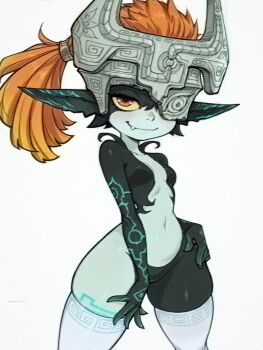 1girl black_skin blush body_markings breasts colored_sclera colored_skin fang female_focus grey_helmet grey_skin hand_on_own_hip hand_on_own_thigh helmet highres legs_apart looking_at_viewer midna multicolored_eyes multicolored_skin navel neon_trim nintendo nude one_eye_covered orange_eyes orange_hair orangtheman pointy_ears ponytail red_eyes simple_background small_breasts smirk solo standing the_legend_of_zelda the_legend_of_zelda:_twilight_princess thick_thighs thighhighs thighs white_background white_thighhighs wide_hips yellow_sclera