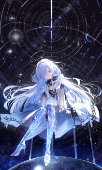 1girl absurdres closed_mouth hair_over_one_eye halo hashtag-only_commentary high_heels highres jellyfish_cut long_hair looking_at_viewer mornye_(wuthering_waves) red_eyes sangnoksu see-through_body sidelocks sitting smile solo star_(sky) white_hair wuthering_waves