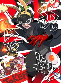 10s 3boys 4girls amamiya_ren animal_ears black_eyes black_hair blonde_hair blue_hair bob-omb braid brown_hair cat cheering crown_braid fake_animal_ears fire flower flower_on_head fox_(persona_5) gloves joker_(persona_5) kitagawa_yuusuke mask morgana_(persona_5) multiple_boys multiple_girls niijima_makoto nintendo noir_(persona_5) okumura_haru oracle_(persona_5) orange_hair panther_(persona_5) persona persona_5 queen_(persona_5) rabbit_ears red_gloves sakamoto_ryuuji sakura_futaba skull_(persona_5) star_rod stickybomb super_mushroom super_smash_bros. takamaki_anne yellow_gloves yoshizaki_(yszk)