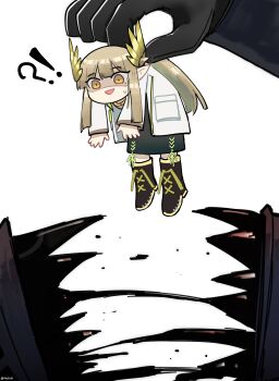 Rule 34 | 1girl, 1other, absurdres, ambiguous gender, arknights, black boots, black gloves, boots, brown hair, carrying, carrying person, chibi, coat, doctor (arknights), elf, gloves, highres, jacket, lab coat, laurel crown, long hair, long sleeves, mini person, mole, mole under eye, muelsyse (arknights), no grad, open mouth, orange eyes, pointy ears, shaded face, sidelocks, simple background, smile, solo focus, sweatdrop, white background, white coat, white jacket, yellow eyes