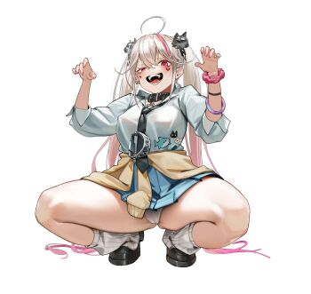 1girl absurdres animal_hair_ornament bear_trap belt_collar black_collar black_necktie black_shoes blue_skirt blush bracelet breasts cameltoe cardigan cardigan_around_waist chinese_commentary claw_pose clothes_around_waist collar collared_shirt commentary_request covered_erect_nipples crossed_bangs dog_hair_ornament ear_piercing facial_mark fangs fingernails full_body gluteal_fold goddess_of_victory:_nikke gradient_hair grey_hair hair_between_eyes hair_ornament half-closed_eye hands_up he_zao_shang heart heart_facial_mark highres jackal_(nikke) jewelry large_breasts leg_warmers long_hair looking_at_viewer loose_necktie miniskirt multicolored_hair nail_polish necktie open_mouth panties pendant_collar piercing pink_eyes pink_nails pink_scrunchie pleated_skirt scrunchie shirt shoes sidelocks simple_background skirt sleeves_pushed_up smile solo sparkle_facial_mark spread_legs squatting thighs three-quarter_sleeves tiptoes twintails two-tone_hair underwear uneven_eyes very_long_hair white_background white_leg_warmers white_panties white_shirt wrist_scrunchie wristband