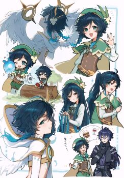 2boys alternate_hair_length alternate_hairstyle aqua_eyes aqua_hair barbatos_(genshin_impact) beret black_gloves black_hair black_jacket blue_hair braid brown_corset cape capelet cecilia_flower_(genshin_impact) commentary_request corset feathered_wings flins_(genshin_impact) flower genshin_impact gloves gradient_hair green_cape green_capelet green_hat hat highres hood hood_down jacket long_hair long_sleeves multicolored_hair multiple_boys multiple_views nameless_bard_(genshin_impact) partially_colored ponytail seelie_(genshin_impact) shirt short_hair side_braids trap twin_braids venti_(archon)_(genshin_impact) venti_(genshin_impact) white_flower white_hood white_shirt white_wings wings xeitlfrycz64403