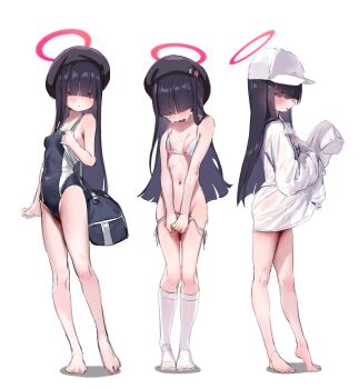 3girls absurdres bag barefoot baseball_cap bikini black_hair black_headwear blue_archive blunt_bangs blush breasts chochomi full_body hair_over_eyes halo hat highres justice_task_force_member_(blue_archive) kneehighs long_hair long_sleeves multiple_girls one-piece_swimsuit red_eyes shirt simple_background small_breasts socks standing sweat swimsuit untied_bikini white_background white_bikini white_headwear white_shirt white_socks