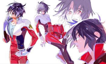 Rule 34 | 1boy, black hair, bodysuit, gundam, gundam seed, gundam seed destiny, hair between eyes, hand on own hip, helmet, highres, holding, holding unworn helmet, looking at viewer, looking to the side, male focus, mecha pilot suit, multiple views, red bodysuit, red eyes, shinn asuka, short hair, simple background, tokumei wombat, undershirt, unworn headwear, unworn helmet, white background